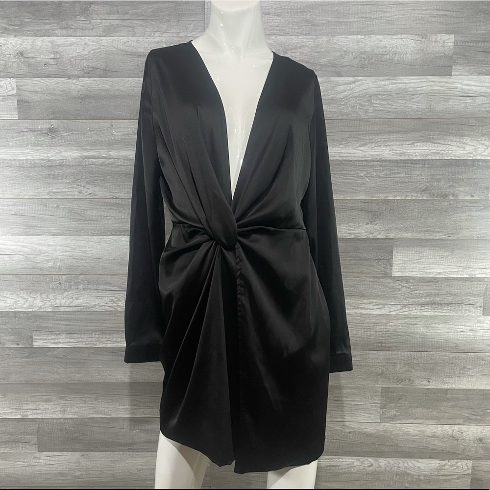 Fashion Nova Black Satin Twist-Front Mini Dress